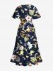 Robe mi-longue hawaïenne fendue à imprimé feuilles tropicales et fleurs d'hibiscus grande taille - Noir 3X