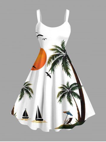 Plus Size Coconut Tree Sun Bird Boat Print Hawaii Tank Dress - WHITE - XS