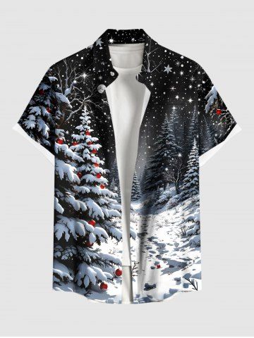 Plus Size Christmas Tree Ball Snow Star Moon Print Buttons Pocket Shirt For Men - BLACK - 3XL