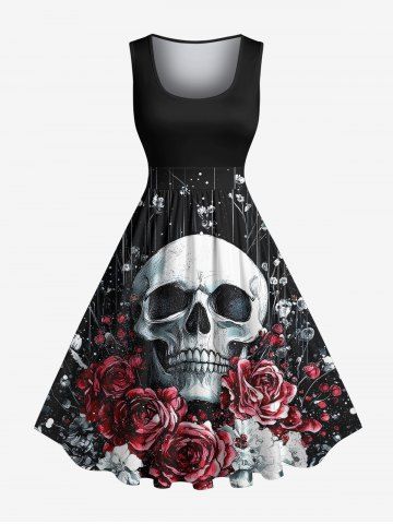 Plus Size Halloween Skull Flowers Print 1950s Vintage Dress - BLACK - M