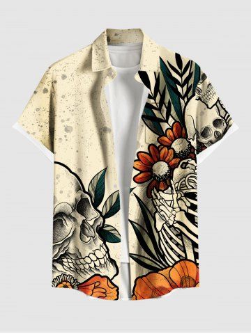 Plus Size Halloween Skull Skeleton Flowers Leaf Print Buttons Pocket Shirt For Men - APRICOT - XL