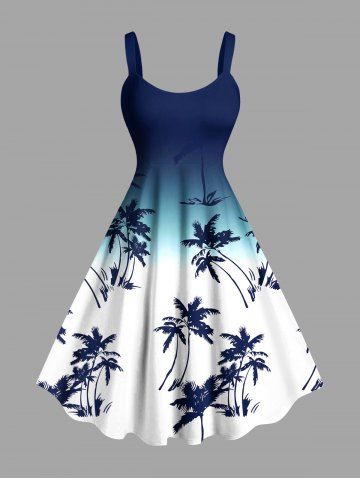 Plus Size Coconut Tree Ombre Colorblock Print Hawaii Tank Dress - GREEN - L