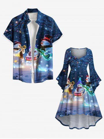Christmas Snowman Snowflake Musical Instrument Tree Print Plus Size Matching Outfit For Couples - BLUE