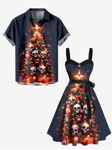 Christmas Tree Skull Print Plus Size Matching Outfit For Couples - BLACK