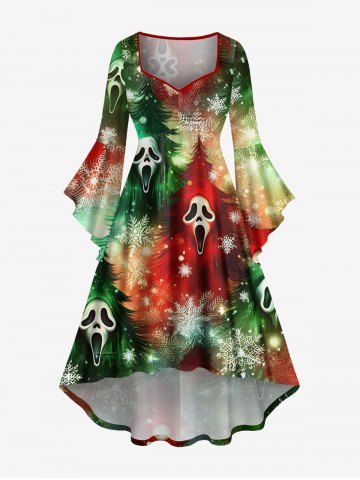 Plus Size Christmas Tree Snowflake Skull Print Ombre Ruched High Low Asymmetric Dress - RED - 3X