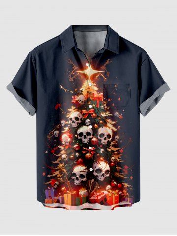 Plus Size Christmas Tree Skull Print Button Pocket Shirt For Men - BLACK - 3XL