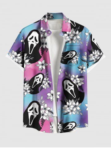 Plus Size Tropical Leaf Hibiscus Flower Skull Ombre Print Hawaii Button Pocket Shirt For Men - PURPLE - 5XL