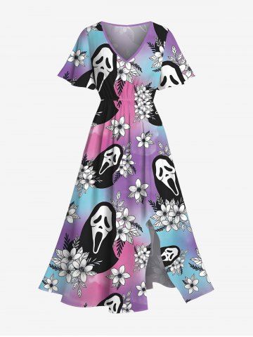 Plus Size Tropical Leaf Hibiscus Flower Skull Ombre Print Hawaii Split Pocket A Line Midi Dress - PURPLE - L