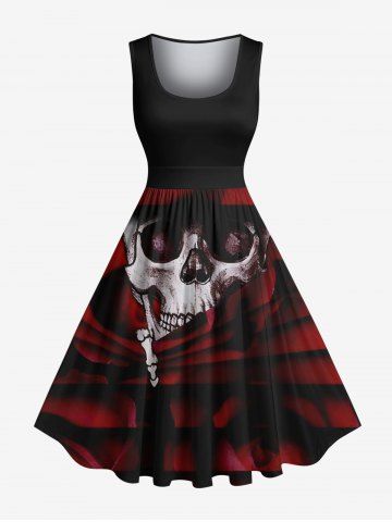 Plus Size Tie Dye Ombre Skull Print Vintage Swing A Line Dress - BLACK - S