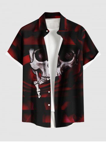 Plus Size Tie Dye Ombre Skull Print Button Pocket Shirt For Men - RED WINE - 5XL