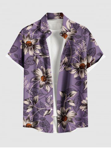 Plus Size Flower Leaf Branch Print Hawaii Button Pocket Shirt For Men - PURPLE - 6XL