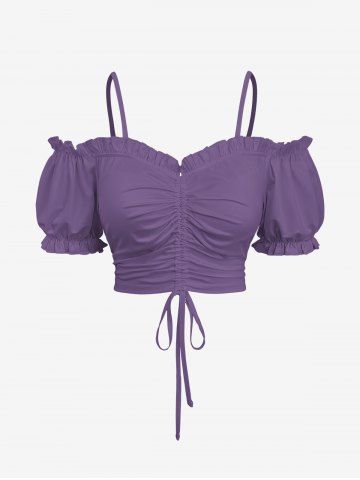 Plus Size Cold Shoulder Puff Sleeves Cinched Solid Top - LIGHT PURPLE - XS