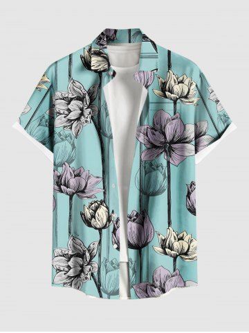 Plus Size Lotus Flower Print Hawaii Button Pocket Shirt For Men - GREEN - 2XL