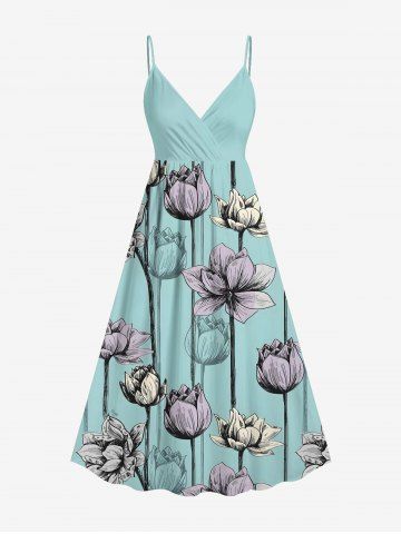 Plus Size Lotus Flower Print Hawaii Surplice A Line Cami Dress - LIGHT GREEN - XXS