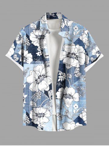 Plus Size Flower Branch Colorblock Print Hawaii Button Pocket Shirt For Men - POWDER BLUE - L