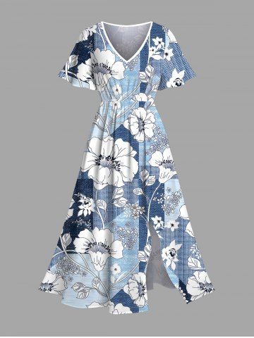 Plus Size Flower Branch Colorblock Print Hawaii Split Pocket A Line Midi Dress - POWDER BLUE - XXS