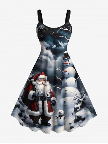 Plus Size Christmas Santa Claus Snowman Cloud Print Tank Dress - BLACK - XXS