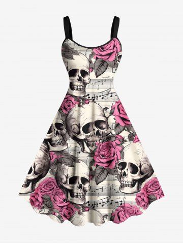 Plus Size Skull Rose Flower Music Symbol Print Hawaii A Line Tank Dress - LIGHT PINK - XXS