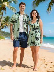 Matching Hawaii Shirt and Romper Plus Size Beach Outfit Coconut Tree Printed for Couples -  