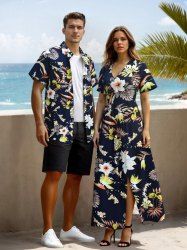 Hibiscus Flowers Tropical Leaf Print Plus Size Matching Hawaii Beach Outfit For Couples -  