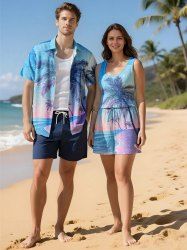 Matching Hawaii Shirt and Romper Plus Size Beach Outfit Tropical Coconut Tree Seascape Snowflake Ombre Printed for Couples -  