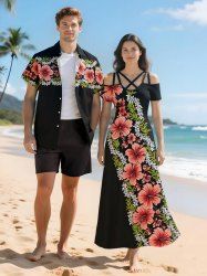 Hibiscus Flowers Tropical Leaf Print Plus Size Matching Hawaii Beach Outfit For Couples -  