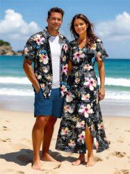 Hibiscus Flowers Leaf Print Plus Size Matching Hawaii Beach Outfit For Couples -  
