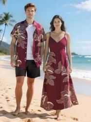 Flowers Leaf Print Plus Size Matching Hawaii Beach Outfit For Couples -  