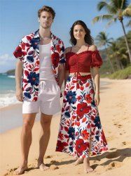 Flowers Leaf Print Plus Size Matching Hawaii Beach Outfit For Couples -  