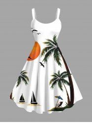 Robe débardeur hawaïenne grande taille à imprimé cocotier, soleil, oiseau et bateau - Blanc 4X