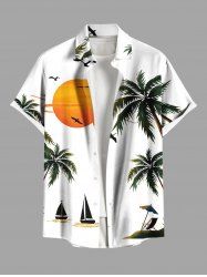 Plus Size Coconut Tree Sun Bird Boat Print Buttons Pocket Hawaii Shirt For Men -  