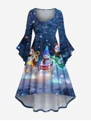 Plus Size Christmas Snowman Snowflake Musical Instrument Tree Print Flare Sleeves Ruched High Low Dress -  