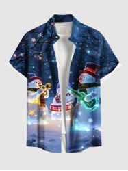 Plus Size Christmas Snowman Snowflake Musical Instrument Tree Print Buttons Pocket Shirt For Men -  