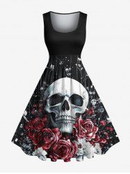 Robe vintage grande taille à imprimé tête de mort et fleurs pour Halloween, style années 50 - Noir XXS