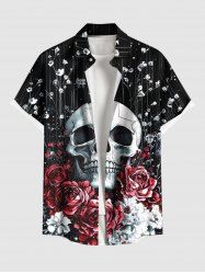 Chemise grande taille à boutons et poches pour homme, motif tête de mort et fleurs d'Halloween - Noir L