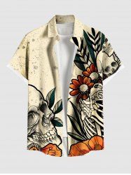Plus Size Halloween Skull Skeleton Flowers Leaf Print Buttons Pocket Shirt For Men -  