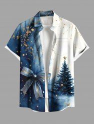 Chemise grande taille à imprimé sapin de Noël, étoiles, nœud papillon, boutons et poche pour homme - Bleu Marine S