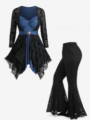 Skulls Flocking Twist Panel 2 In 1 Top and Flower Lace Patchwork Flare Pants Plus Size Outfit -  
