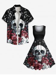 Halloween Skull Flowers Print Plus Size Matching Outfit For Couples -  