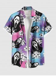 Plus Size Tropical Leaf Hibiscus Flower Skull Ombre Print Hawaii Button Pocket Shirt For Men -  