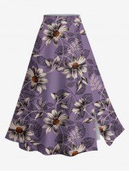 Plus Size Flower Leaf Branch Print Hawaii Split A Line Skirt -  