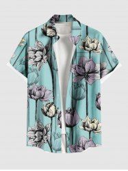 Plus Size Lotus Flower Print Hawaii Button Pocket Shirt For Men -  