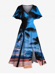 Plus Size Coconut Tree Ombre Sky Dusk Print Hawaii Split Pocket A Line Midi Dress -  
