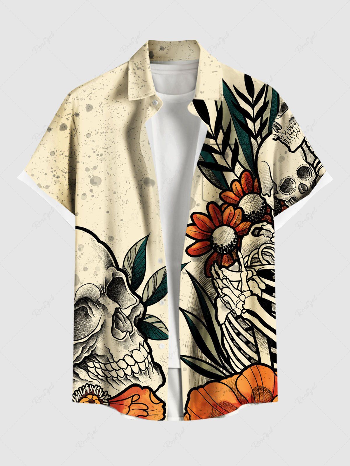 Store Plus Size Halloween Skull Skeleton Flowers Leaf Print Buttons Pocket Shirt For Men  