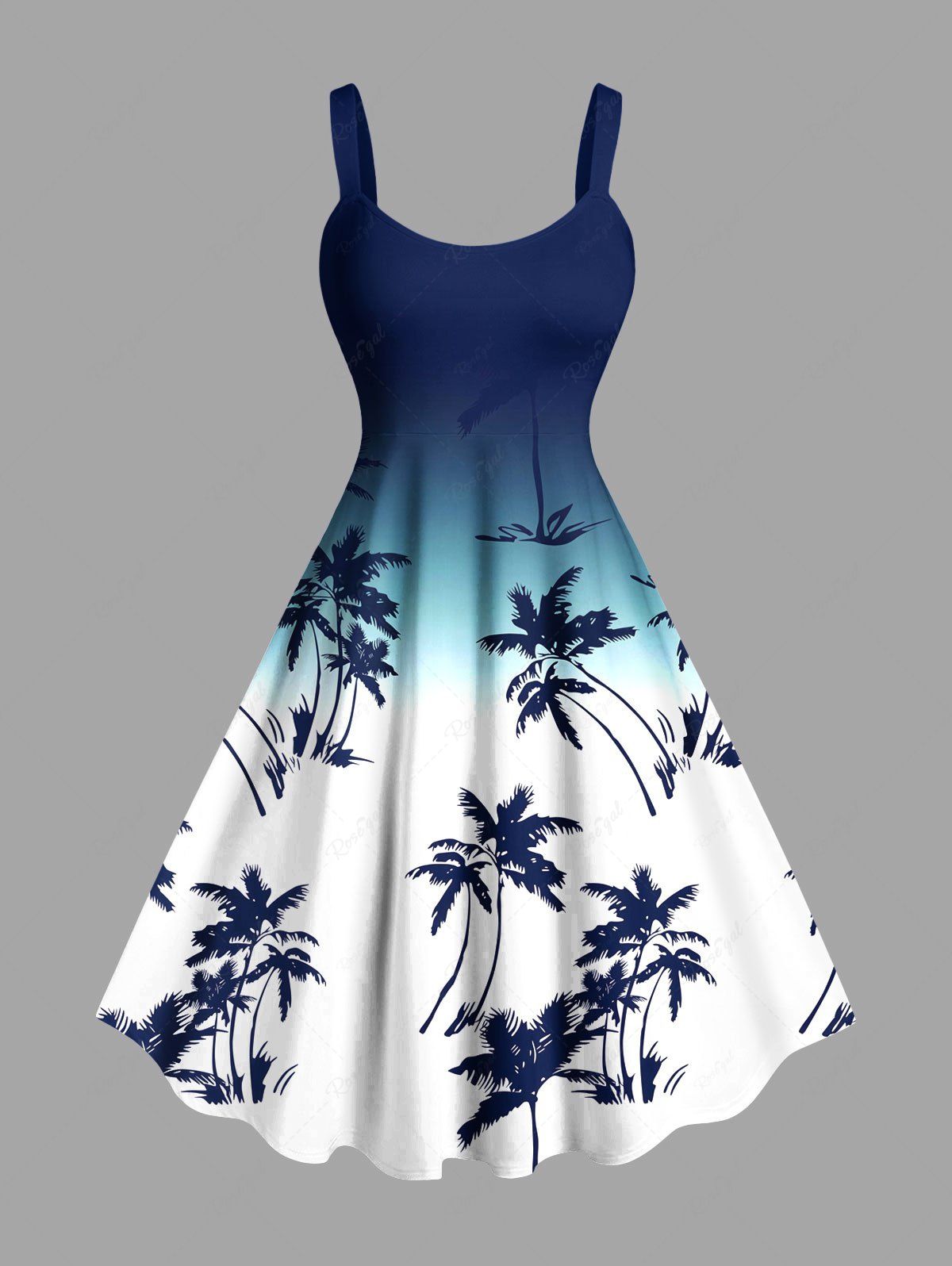 Outfit Plus Size Coconut Tree Ombre Colorblock Print Hawaii Tank Dress  