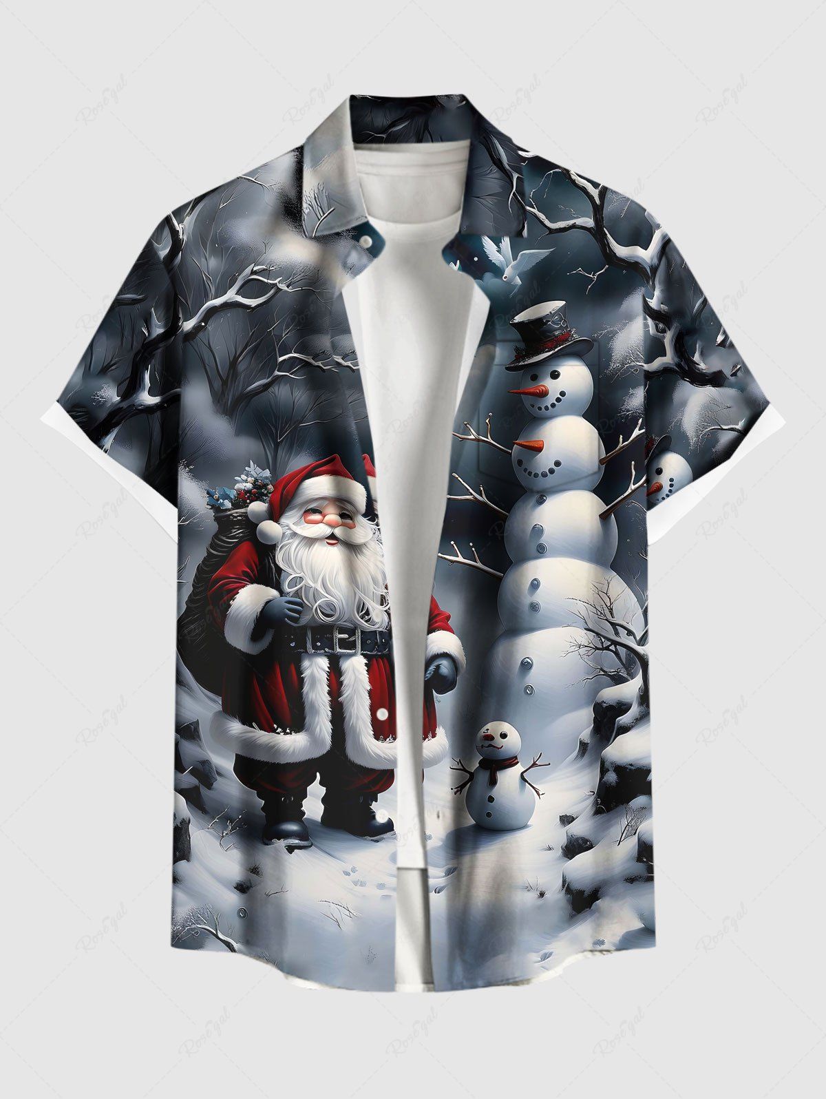 Chemise de Noël grande taille à boutons et poches pour homme, motif Père Noël, bonhomme de neige et nuage Noir S