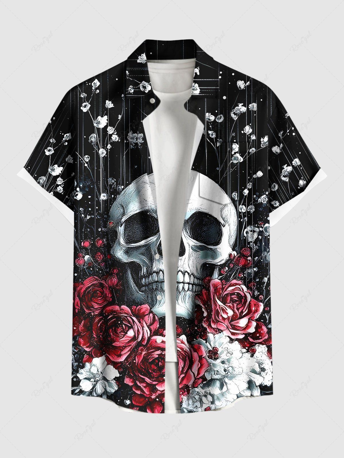 Fashion Plus Size Halloween Skull Flowers Print Buttons Pocket Shirt For Men  