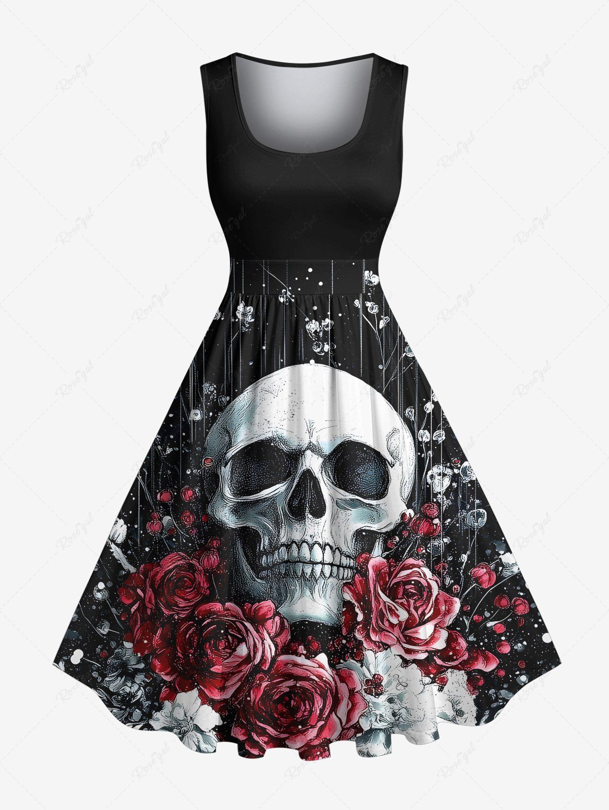Online Plus Size Halloween Skull Flowers Print 1950s Vintage Dress  