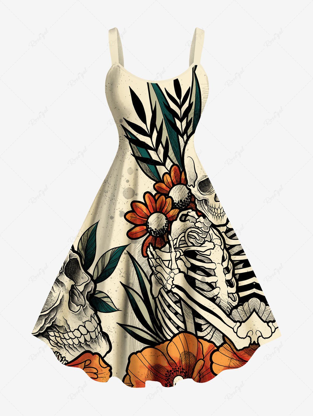 Robe débardeur grande taille à imprimé crâne, squelette, fleurs et feuilles pour Halloween Abricot XXS