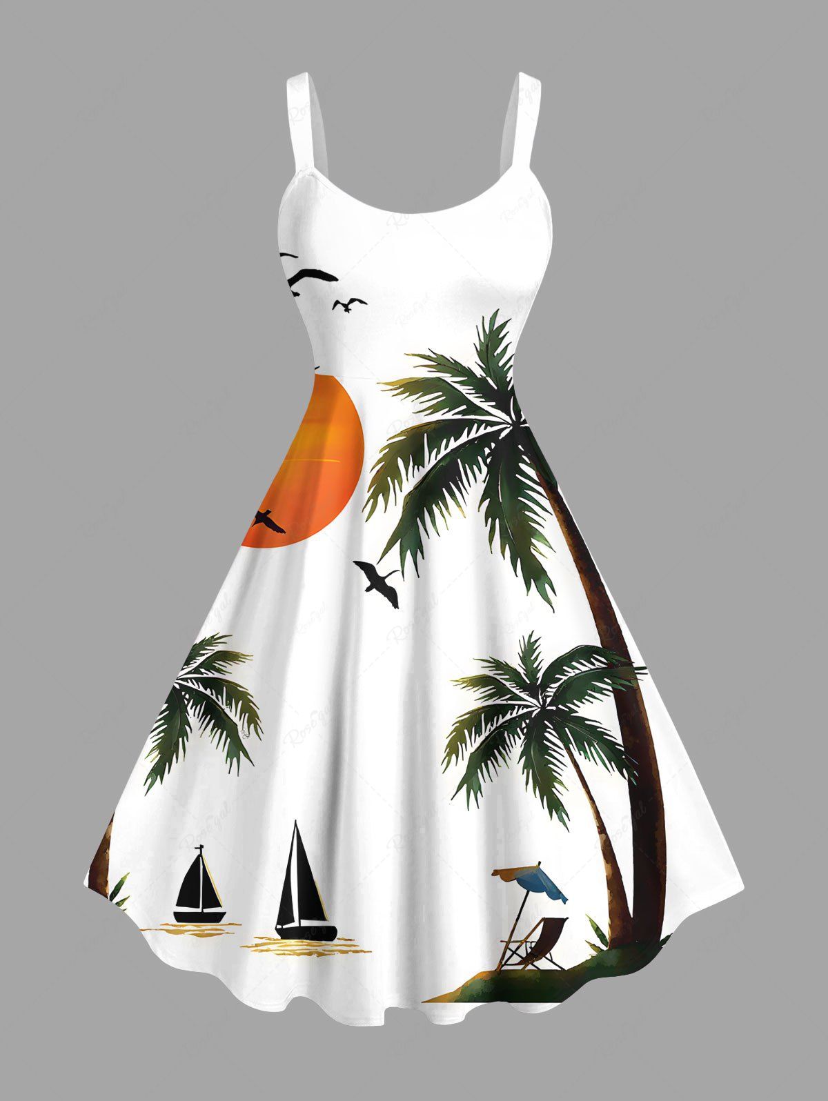 Chic Plus Size Coconut Tree Sun Bird Boat Print Hawaii Tank Dress  
